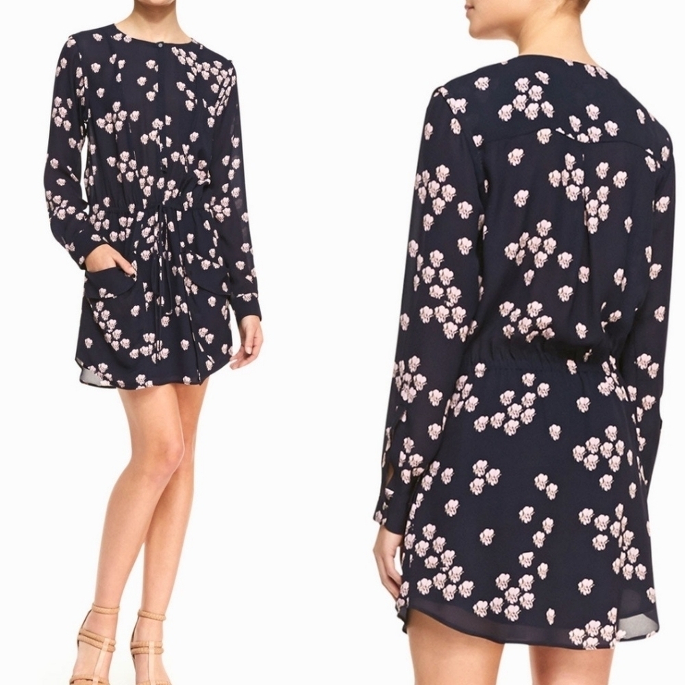 A.L.C. Navy Blue Simona Falling Iris Mini Dress Long Sleeve Chiffon Silk Sz S